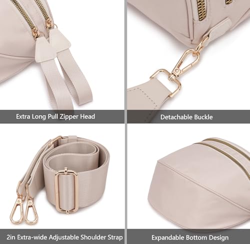 Pure Colour Crossbody Bum Bags for Women Spacious Checkered Cross body Bag Nylon Trendy Fanny Pack for Travel - color: Beige