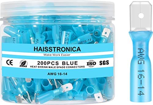 haisstronica 200PCS Blue Heat Shrink Male Spade Connectors,AWG 16-14 Heat Shrink Male Spade Terminlas Kit,Speaker Wire Connector, Electrical Quick Disconnect Wire Connectors - color: Blue, size: AWG 16-14 Male 200PCS