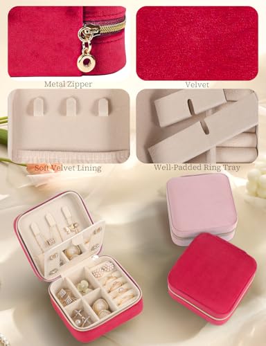 MFXIP Plush Velvet Travel Jewelry Case Small Jewelry Box Jewelry Organizer Storage Case Portable Jewelry Travel Case for Girls Womens Earring, Necklace, Rings,Bracelets with Mirror - color: Burgundy