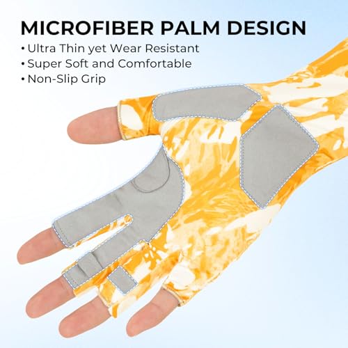 KastKing Agies Fishing Gloves Men, UPF 50+ Sun Gloves UV Protection, Cooling Quick-Dry 3/4 Fingerless Gloves with Extended Cuff, Microfiber Palm & Pull Tabs, for Fishing, Kayaking, Hiking, Hunting - color: X Camo-Mahi, size: Small-Medium