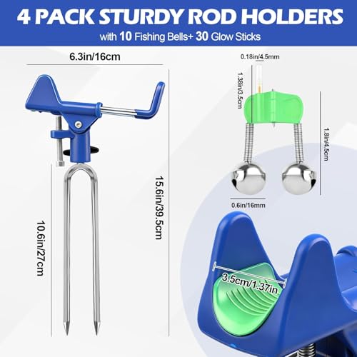 Fishing Rod Holder for Ground, 2/4pcs Fishing Pole Holders for Ground, Bank Fishing Rod Holder with 360° Adjustable Extra Long Drill Stake Rod Stand for Catfish, Beach, Shore and Mud, Men's Gift - color: Blue -4 Pack Night Kit
