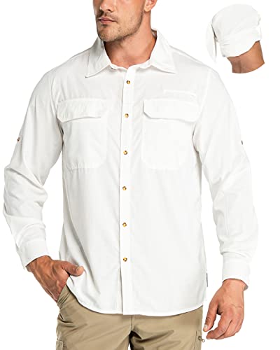 33,000ft Men's Long Sleeve Sun Protection Shirt UPF 50+ UV Quick Dry Cooling Fishing Shirts for Travel Safari Camping Hiking - color: White, size: Large