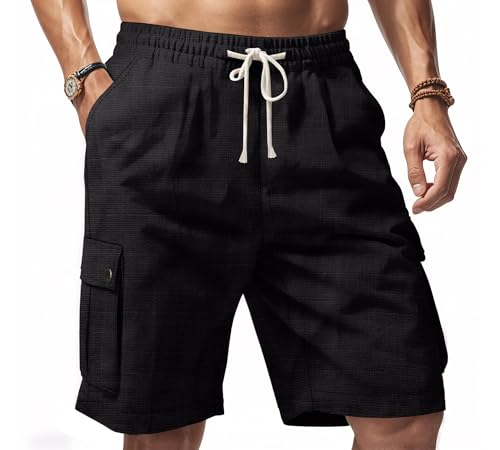 Mens Casual Linen Cargo Shorts Summer Fashion Solid Color Drawstring Elastic Waisted Beach Shorts Pockets - color: Black, size: Small
