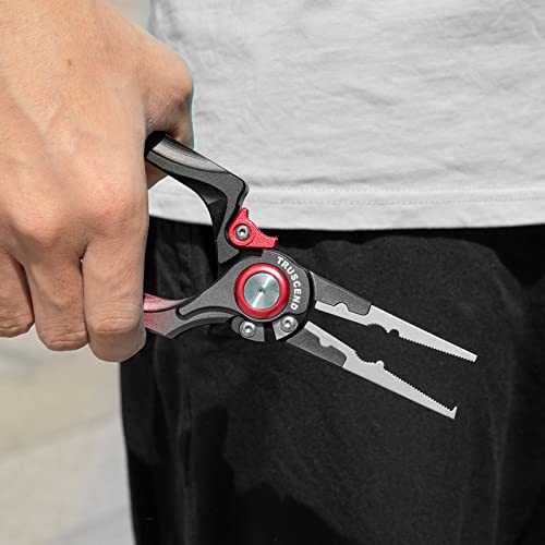 TRUSCEND Easy Use Lockable Fishing Pliers with Tungsten Carbide Cutter, Innovative Ergonomic Handy Handle, Saltwater Corrosion Resistant Teflon Coated Fishing Tool, Light Multi-Function Fishing Gear - color: D3-red