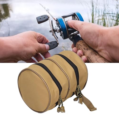 HERCHR Fishing Reel Case, Double Layer Canvas Fishing Tackle Organizer Storage Travel Bag, Portable Fish Accessories Pouch with Strap for Spinning Baitcasting Fly Reels