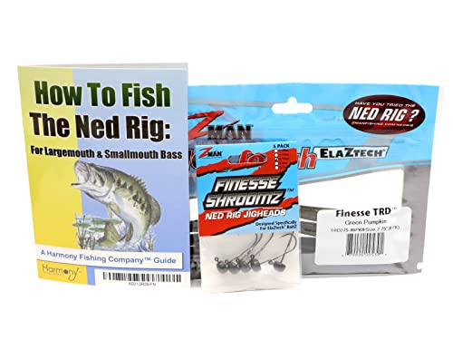 Ned Rig Kit - Z-Man Finesse T.R.D. 8pk + Finesse Shroomz Jig Heads 5pk (Green Pumpkin) + How to Fish The Ned Rig Guide