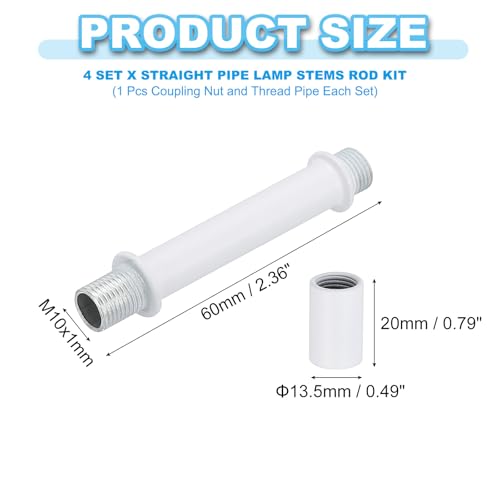 PATIKIL Straight Pipe Lamp Stems Rod Kit, 4Set M10 Carbon Steel 60mm(2.36") Long Double End Thread Rod with Coupling Nuts Sleeve Connector for Table Lamps Chandeliers, White - color: White, size: 60mm(2.36")