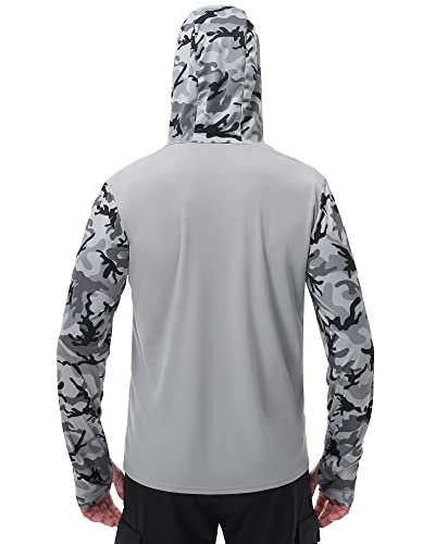 FISHEAL Men's Performance Fishing Hoodie Shirt - UPF 50+ UV Sun Protection Long Sleeve Shirts with Mesh Face Mask - color: Steel Gray Camo, size: Medium
