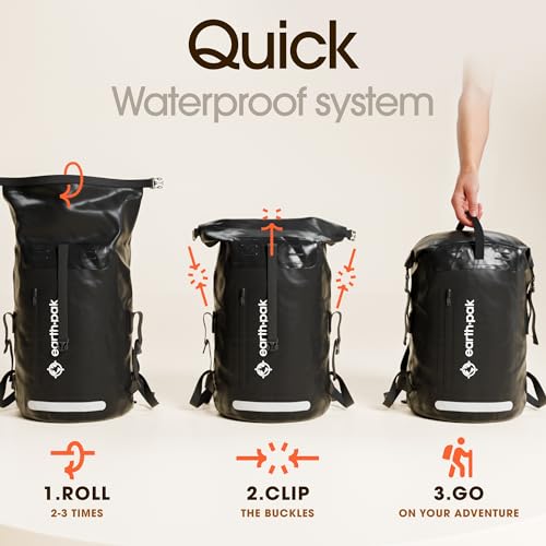 Earth Pak Waterproof Backpack - Heavy Duty Hiking Backpack - Roll-Top Closure Bag - Cushioned Dry Bag Waterproof Phone Case - color: Black, size: 55L