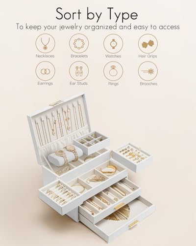 VLANDO 4 Layers Jewelry Box - Women Jewelry Box with Retractable Tray - Jewelry Organizer with Drawer for Necklaces, Rings, Bracelets, Earrings, Gift for Couples Mom Girls - White - color: D.White, size: 4-Layer