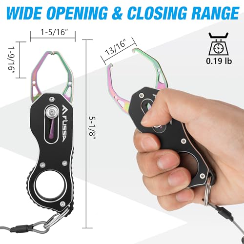 FLISSA Fish Gripper, Fish Lip Grip Tool with Carabiner and Spring Anti-Lost Rope, Durable Stainless Steel Fish Grabber Gripper, Lightweight Holder for Fishing, Corrosion Resistant & Portable