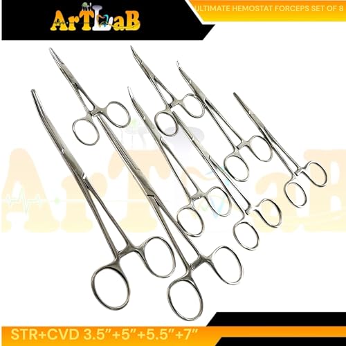 ArtLab-Ultimate Hemostat Forceps Set of 6-Straight & Curved Hemostat Forceps Locking Clamps Stainless Steel Full Serrated Jaws-Ideal for Nurses,Firefighters,Fishing (Set of 8-3.5"+5"+5.5"+7"(Str+Cvd))