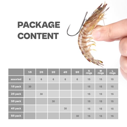 30-Pack Live Shrimp Fishing Hooks Zero Harm, Wide Gap Hooks with S/M/L Silicone Rings, 5 Sizes Assortment Pack 1/0-5/0 Freshwater Saltwater - size: 4/0 - 30Pack