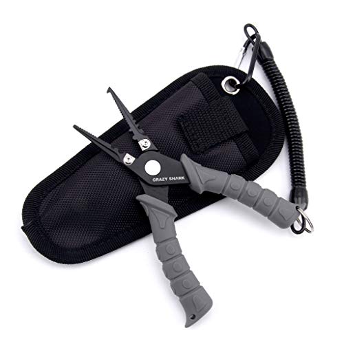 Fishing Pliers, Stainless Steel Fishing Tools, Saltwater Resistant Fishing Gear, Tungsten Carbide Cutters, Split Ring Pliers, Hook Remover with Coiled Lanyard and Sheath - color: Grey - 6" Split Ring Nose