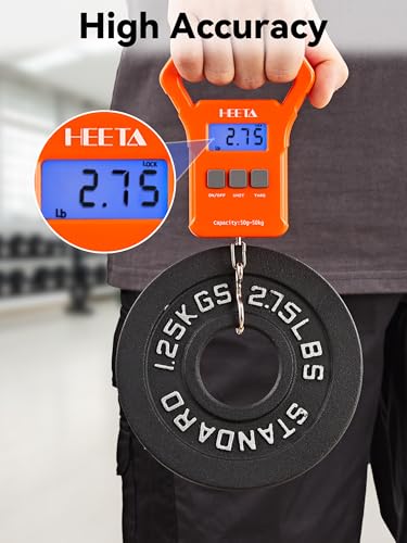 HEETA Fish Scale, 110lb/50kg Digital Portable Hanging Fishing Weight Scale with Backlit LCD Display, Luggage Scale with Hook, Non-Slip Large ABS Handle & 2 AAA Batteries, Fishing Gifts Gear for Men - color: Orange