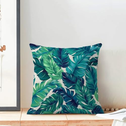 AEIOAE Summer Tropical Leaves Pillow Covers 16 X 16 Inch Set of 2, Green Palm Leaf Decorative Throw Pillow Covers Square Linen Botanical Plant Outdoor Cushion Covers for Couch Home Sofa - color: Palm Leaf, size: 16" x 16" (Pack of 1)