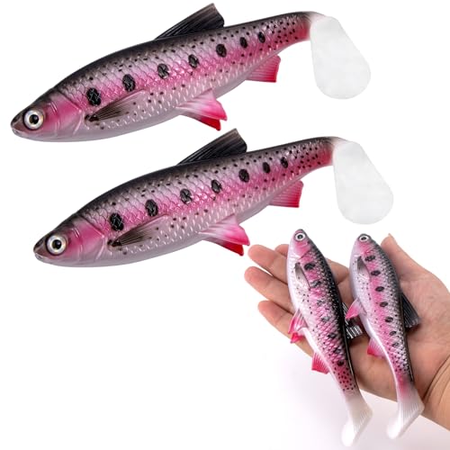 Alwonder 2-Pack Fishing Swimbait Soft Plastic Lures Saltwater, 6.1IN Texas Rig Paddle Tail Swim Baits Freshwater, Sinking Paddle Tail Soft Lure Bait for Pike Musky Bass Tarpon Halibut Mackerel Grouper - color: Pink and Black