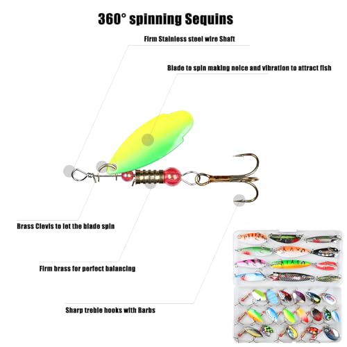 EXAURAFELIS 10/30pcs Fishing Lure Spinnerbait with Feathered Treble Hooks Rooster Tail Fishing Lures Spoon Lures for Bass Salmon Trout Spinner Baits with Tackle Box - color: 30pcs spinnerbaits & spoon lures