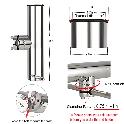 AMYSPORTS Stainless Steel Trolling Rod Holder Clamp Side Mount Fishing Pole Holders Adjustable Kayak Rail Rods Supporters Boat Sailboat for Boating - size: Size4PCS