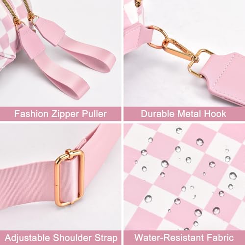 Checkered Nylon Crossbody Bag Bum Bag for Women Mom Large Checkered Fanny Packs with Adjustable Strap - color: Pink Checkered
