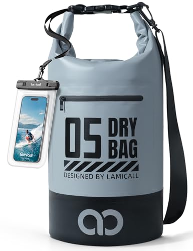 Lamicall Waterproof Dry Bag with Phone Pouch - 5L/10L/20L/30L/40L Floating Roll Top Backpack for Kayaking Boating Beach Camping Fishing - Heavy Duty 500D PVC Marine Dry Sack for Men, Women, Grey 5L - color: Blueish Gray, size: 5L
