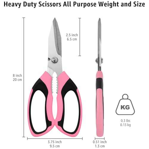 BoFuYuan 8-Inch Utility Scissors All Purpose Heavy Duty, Serrated Blade, Pink Comfort Grip for Cutting Carpet, Cardboard, Leather, Fabric, Multipurpose Sharp Shears for Kitchen, Garden, Office, Carft - color: Pink