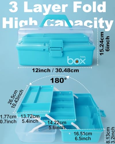 TERGOO 12in 3-Layer Plastic Craft Organizers and Storage, Portable Folding Tackle Box with Handle & Adjustable Dividers, Multipurpose Case for Sewing, Art Supplies, Medicine, Tools (Blue) - color: Blue