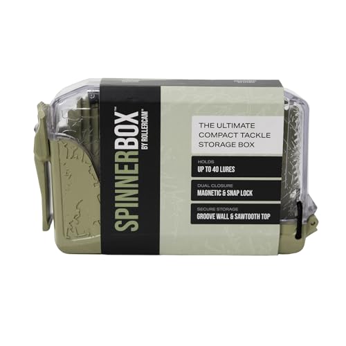 Rollercam SpinnerBox Compact tackle storage box – Holds Up to 40 Lures – Magnetic + Snap Lock – Clear Lid tackle box organizer for Spinners, Spoons & Small Baits – Durable small tackle box for Fishing - color: Tactical Green