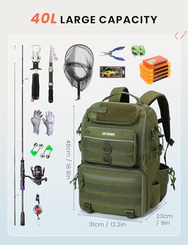 SKYSPER Tackle Backpack Fishing Bags with Rod Holder, 40L Water-Resistant Tackle Box Storage Bag for Fishing Gear Lures(Armygreen) - color: Armygreen