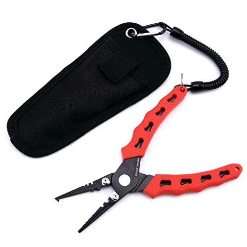 Fishing Pliers, Stainless Steel Fishing Tools, Saltwater Resistant Fishing Gear, Tungsten Carbide Cutters, Split Ring Pliers, Hook Remover with Coiled Lanyard and Sheath - color: Red B - 6" Split Ring Nose