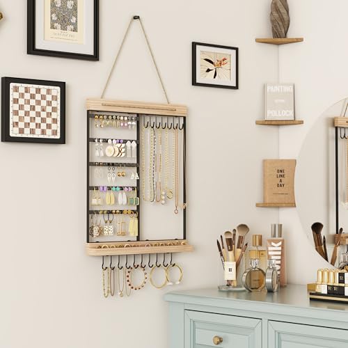 Feyejade Hanging Jewelry Organizer, 5-Tier Wall Earring Holder with Wooden Ring Groove, Jewelry Rack Wall Mounted for Earrings, Necklaces, Bracelets and Rings, Jewelry Holder Stand, Black - color: Black, size: Standard