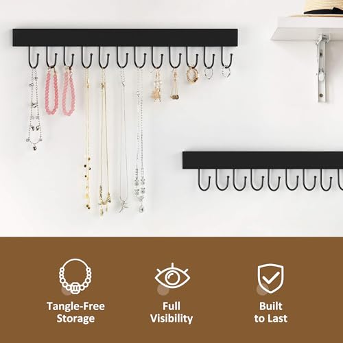ZEDODIER 2 Pack Necklace Organizer Wall Mount, Wooden Jewelry Hanger Necklace Holder with 24 Hooks,Hanging Jewelry Organizer, Black - color: Black