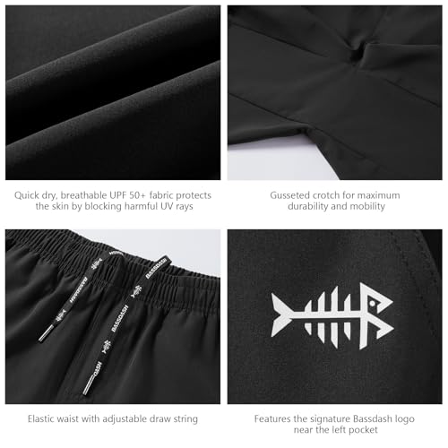 BASSDASH Men’s 7” Fishing Shorts UPF 50+ Lightweight Water Resistant Quick Dry for Hiking with Zipper Pocket FP06M - color: Black/Splash Black, size: X-Large