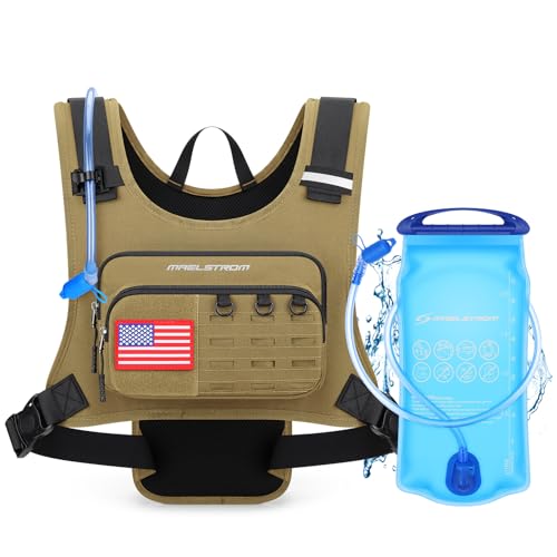 Maelstrom Hydration Running Vest with 2L Water Bladder for Men Women | Chest Pack, BPA-free, High Flow Bite, Reflective Stripe, Detachable, Breathable Pad, Perfect for Cycling, Marathon, Hiking - color: Khaki