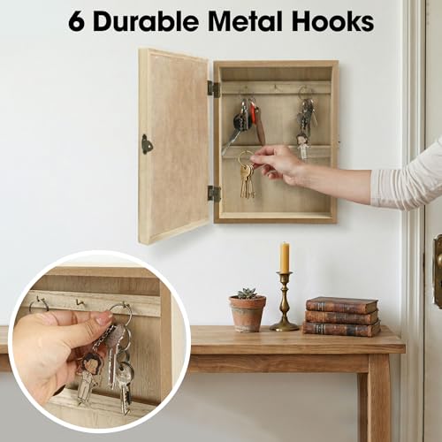 Hidden Key Holder for Wall - Wooden Key Box Wall Mount Decorative Cabinet with 6 Hooks, Rustic Beige Wood Keychain Organizer, Access Card Hangers Rack Storage for Home Entryway Hallway Office Decor