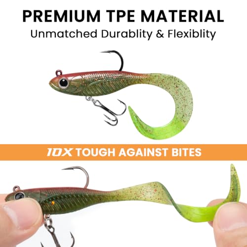 TRUSCEND Duramax TPE Soft Fishing Lures with BKK Hooks, Easy Catch Curly & T-Tail for Trembly Sinking & Vibrating Swim, UV or Glow Effect for All Conditions, Pre-rigged Swimbait for Bass Trout Crappie - color: A1-3"-1/4oz