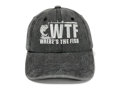 Fishing Baseball Cap for Men Women, Adjustable Embroidered Hat | Fishing Gear, Outdoor Adventure Design, Precision Embroidery Craft, One Size Adjustable Fit - color: Wheres the Fish (Washed Black)