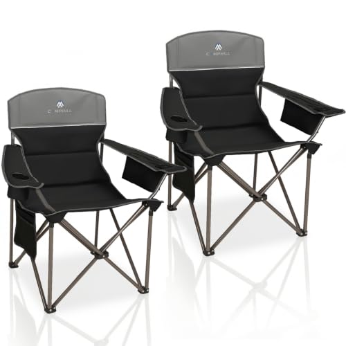 Oversized Camping Chairs 2 Pack - Heavy Duty 400LBS Padded Lawn Chair with Cooler Bag,Cup Holder,Side Pocket,Collapsible for Outdoor,Camp,Fishing & Garden,Black - color: Black