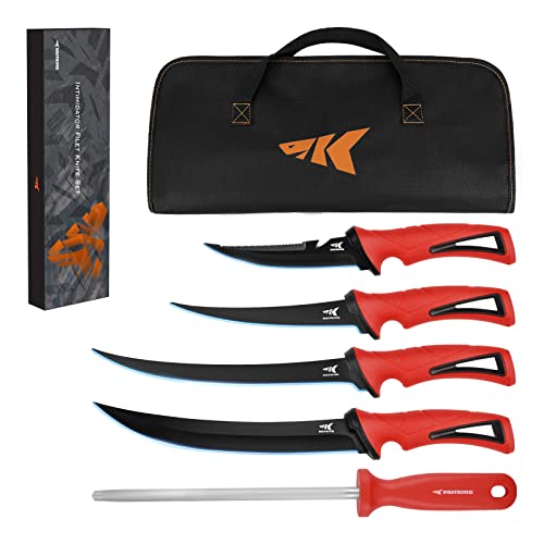 KastKing Intimidator Bait Knife and Filet Knives, Ultra-Sharp G4116 German Stainless-Steel Blades, Fresh or Saltwater, Non-Slip Handle, Durable Storage Bag, and Honing Rod, Fishing Gear and Gifts for Men - color: Fillet Knives Kit