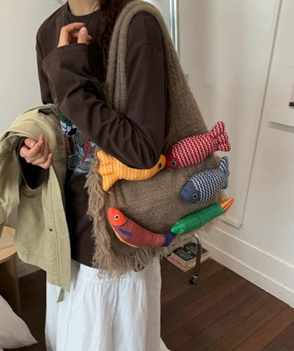 Knitted Beach Shoulder Bag for Women 3D Fish Bohemian Tote Versatile Purse Soft Hobo Handbag for Summer Vacation 2026 - color: D Khaki