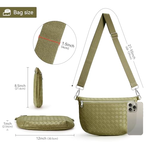 KALIDI Woven Crossbody Bags for Women Travel Vegan Leather Fanny Packs for Woman Cross Body Purse Fashion Belt Bum Bag with Wide Strap - color: Grass Green