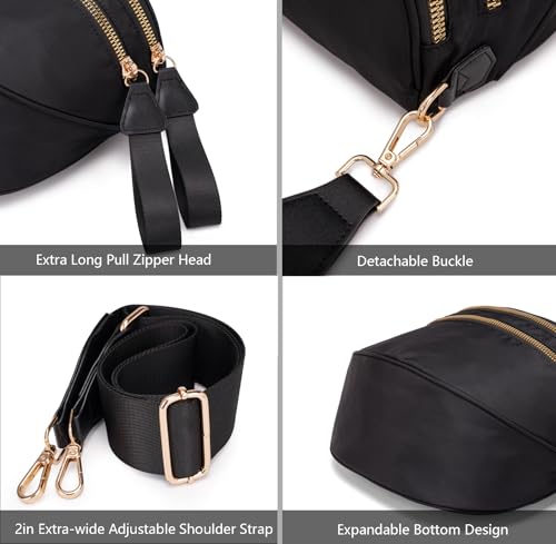 Pure Colour Crossbody Bum Bags for Women Spacious Checkered Cross body Bag Nylon Trendy Fanny Pack for Travel - color: Black