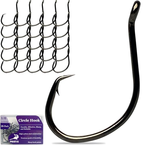 Pristis 25 Pack High Carbon Steel Fishing Hooks, Reinforced EWG Circle Octopus Round Bend 60 Degree Wide Gap Strong Barbed Worm Fish Hook Jig Bait Rig for Saltwater Freshwater Bass Tuna Walleye Trout - color: Circle, size: 1/0
