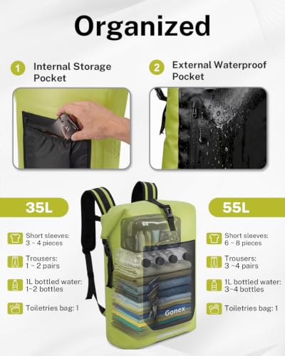 Gonex Waterproof Ultralight TPU Backpack 35L Roll Top Dry Bag, Kayaking | Back Padding, Camping, Fishing, Travel, Adjustable Straps, External & Internal Storage Pockets, Green - color: Green, size: 35L