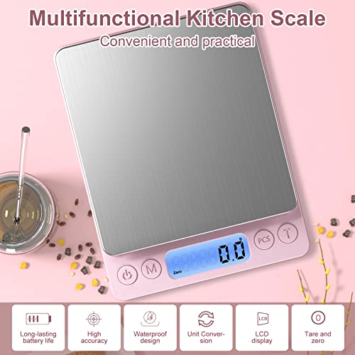 Digital Food Scale for Food Ounces and Grams，YONCON 3000g/0.1gram Accuracy Multifunctional Kitchen Scale for Cooking, Baking | Small Size for Easy Storage | Tare Function, Pink - color: Pink