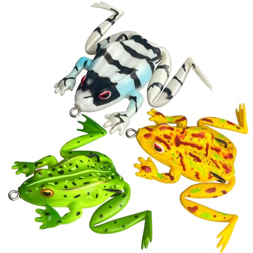Pristis 3 pcs Topwater Fishing Plopper Lures, Floating Popper Bait Set with Chemically Sharpened Hooks for Saltwater Freshwater, Top Water Plopping Swimbait Teaser for Bass Tuna Perch Pike Crappie - color: 4-Legged Frog Soft Lures