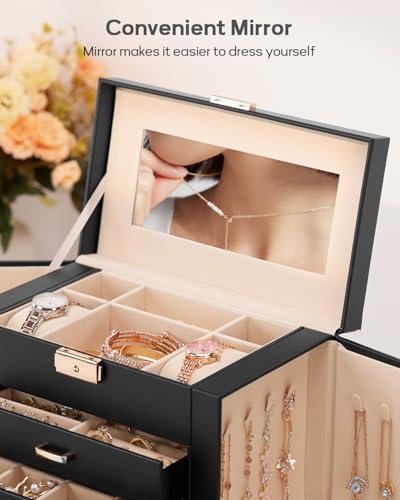 Homde Synthetic Leather Huge Jewelry Box Mirrored Watch Organizer Necklace Ring Earring Storage Lockable Gift Case (Black + Gold) - color: Black + Gold