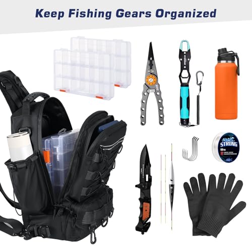 MoKo Fishing Backpack Sling Bag with Rod & Gear Holder, Nylon Waterproof Fishing Tackle Storage Bag for Fishing