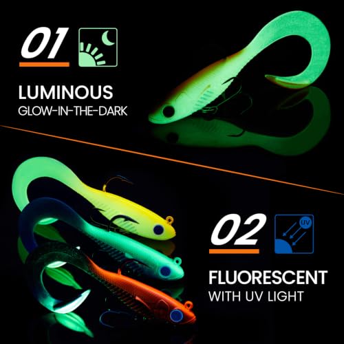 TRUSCEND Duramax TPE Soft Fishing Lures with BKK Hooks, Easy Catch Curly & T-Tail for Trembly Sinking & Vibrating Swim, UV or Glow Effect for All Conditions, Pre-rigged Swimbait for Bass Trout Crappie - color: A2-3.5"-3/8oz