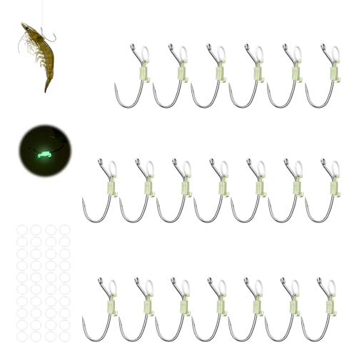 KANAMA Luminous Live Shrimp Hooks - High Carbon Steel Fishing Hooks Saltwater Corrosion Resistant Barbed Strong Hooks Freshwater Shrimp Walker, Ideal for Bass, Groupers, Pike, Catfish & More - size: S ×20